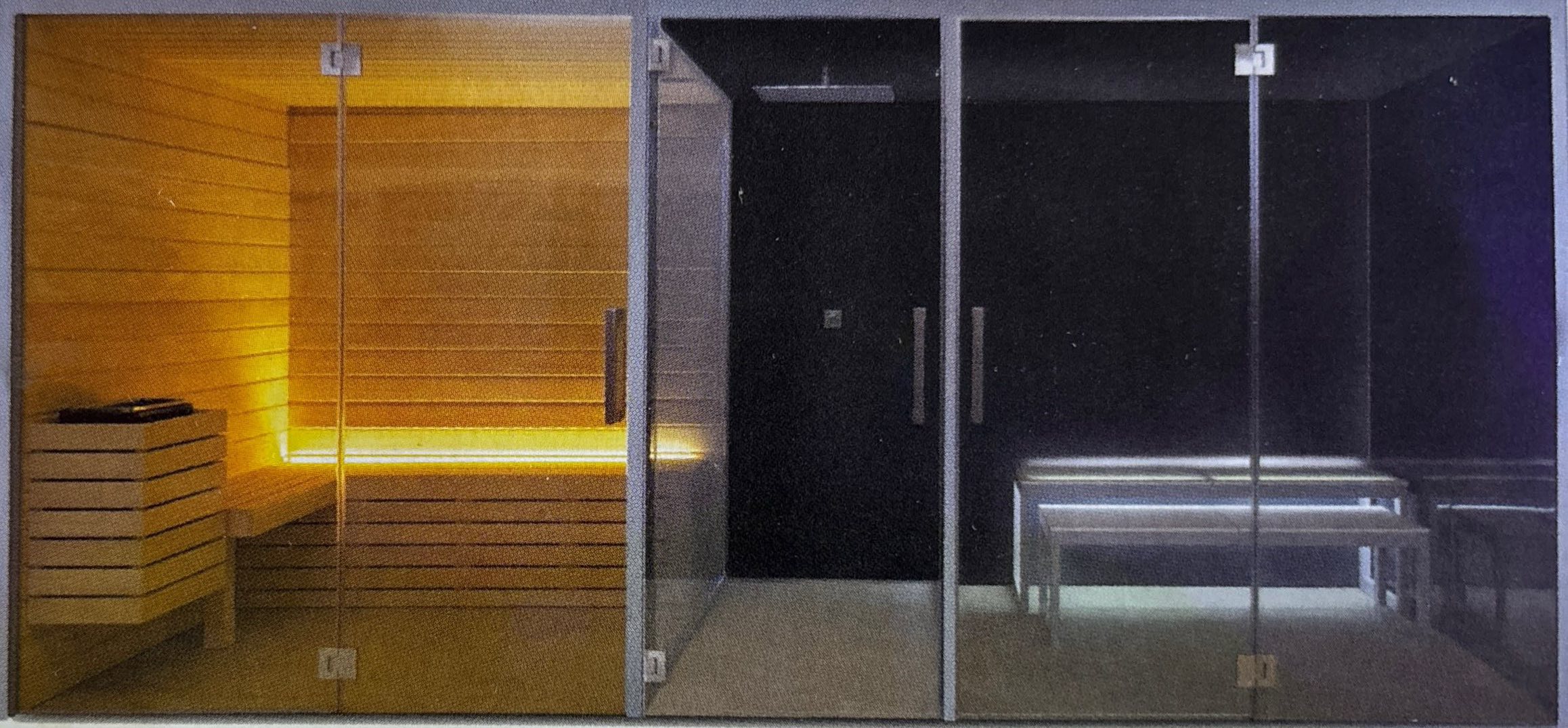 Combi sauna/hammam sur mesure avec cabine bois éclairée et cabine vapeur vitrée