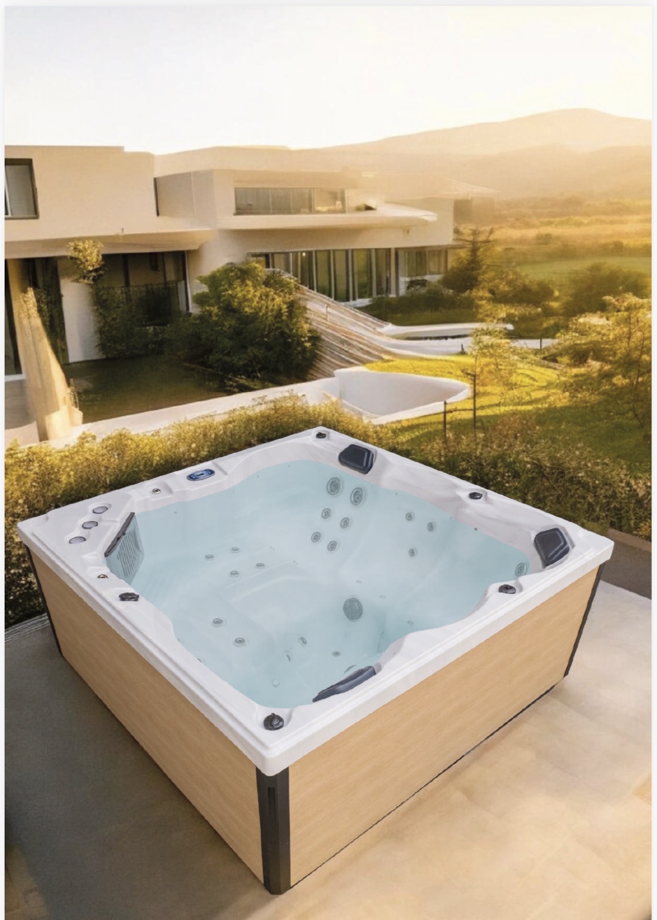 Spa extérieur sur terrasse face à la campagne